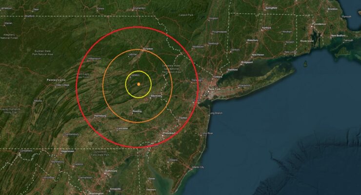 The epicenter of the earthquake was at the orange dot inside the colored concentric circles on the map. Image: USGS