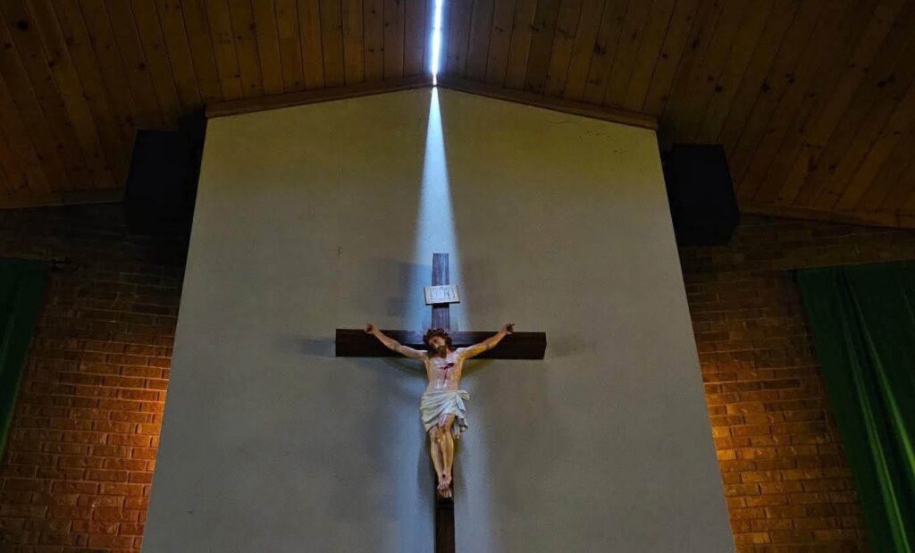 The roof at St. Mary's Church in Highmore, South Dakota split open, allowing sun to shine on the crucifix there.  Image:  Joseph Mat / X