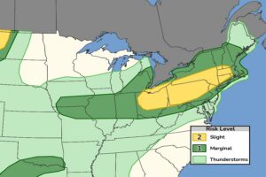 While thunderstorms are possible in the colored areas, there's a greater risk of severe storms in the dark green area and an even higher risk in the yellow. Image: NWS SPC