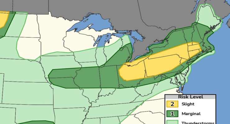While thunderstorms are possible in the colored areas, there's a greater risk of severe storms in the dark green area and an even higher risk in the yellow. Image: NWS SPC