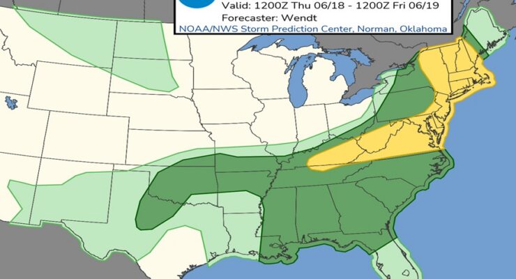 Thundershowers and thunderstorms are possible in the light green area but could become severe in the darker green areas. The yellow areas reflect where the highest risk of severe storms are for Thursday. Image: SPC