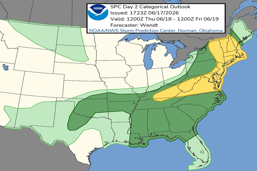 Thundershowers and thunderstorms are possible in the light green area but could become severe in the darker green areas. The yellow areas reflect where the highest risk of severe storms are for Thursday.  Image: SPC