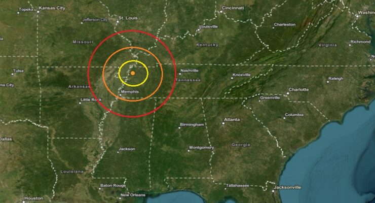 The earthquake struck at the orange dot inside the colored concentric circles on the map. Image: USGS