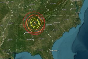 The epicenters for both earthquake are at the orange dot inside the colored concentric circles. Image: USGS