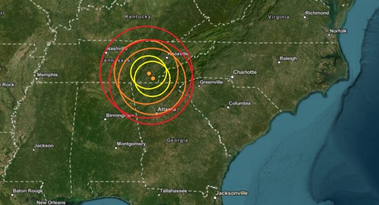 The epicenters for both earthquake are at the orange dot inside the colored concentric circles. Image: USGS