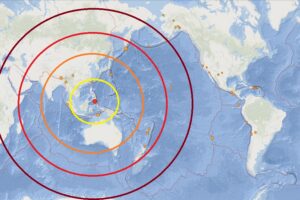 The earthquake responsible for potential tsunami is located at the red dot inside the concentric colored circles on this map. Image: NWS NTWC
