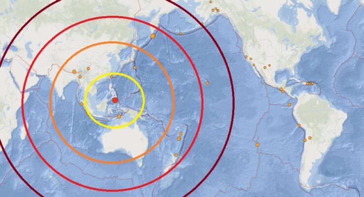 The earthquake responsible for potential tsunami is located at the red dot inside the concentric colored circles on this map. Image: NWS NTWC