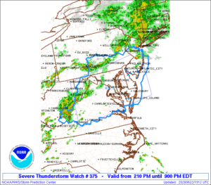 A Severe Thunderstorm Watch is in effect until 9 pm for the area surrounded in blue.  Image: SPC