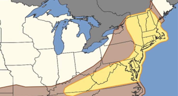 While damaging winds from severe thunderstorms are possible in the brown area, there is a higher chance in the yellow zones on Thursday. Image: SPC
