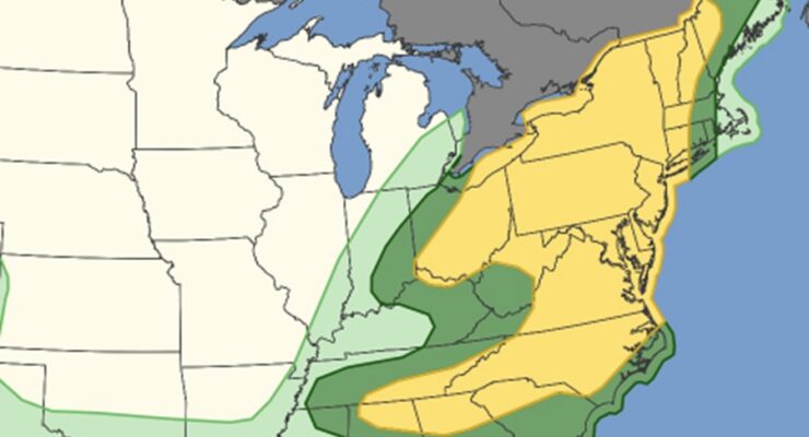 While thundershowers are possible in the light green area, the dark green area reflects an area where severe thunderstorms are possible; there is an even greater chance of severe thunderstorms in the yellow zone which extends from New England into the southern Mid Atlantic. Image: NWS SPC