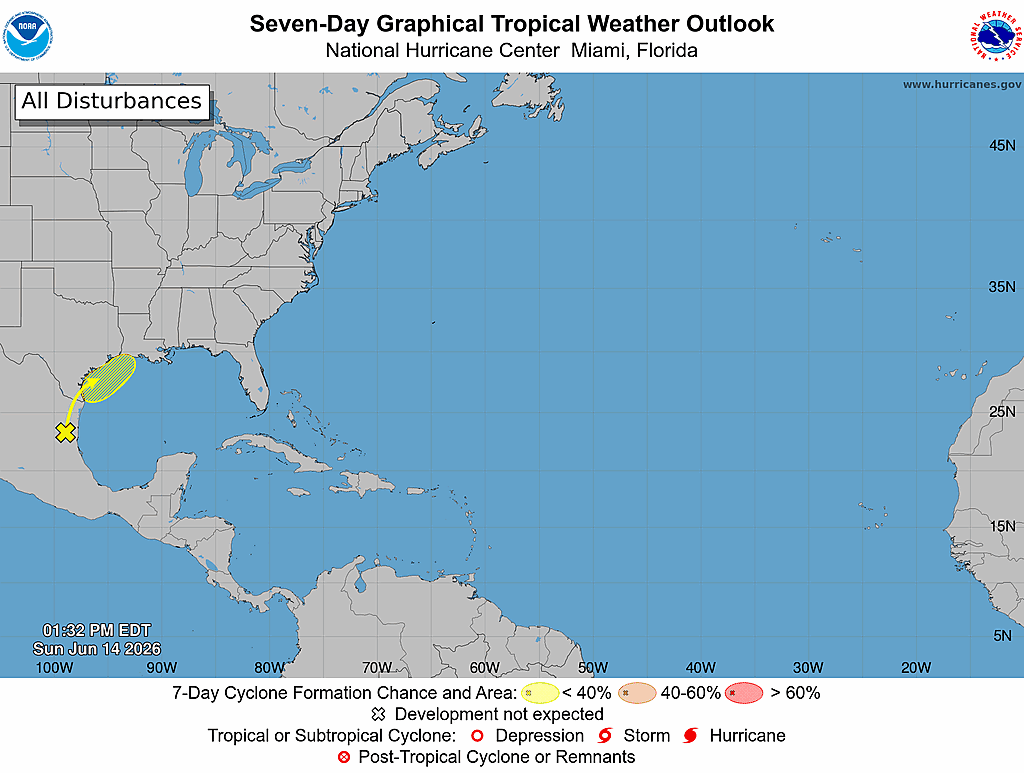 The National Hurricane Center continues to monitor the Gulf of America for potential tropical cyclone development along the Texas coast. Image: NHC