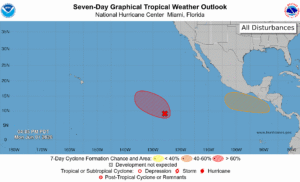 The National Hurricane Center is tracking two areas for possible tropical cyclone development on this first day of Hurricane Season for both the Central Pacific and Atlantic Hurricane Basins. Image: NHC