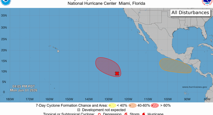 The National Hurricane Center is tracking two areas for possible tropical cyclone development on this first day of Hurricane Season for both the Central Pacific and Atlantic Hurricane Basins. Image: NHC