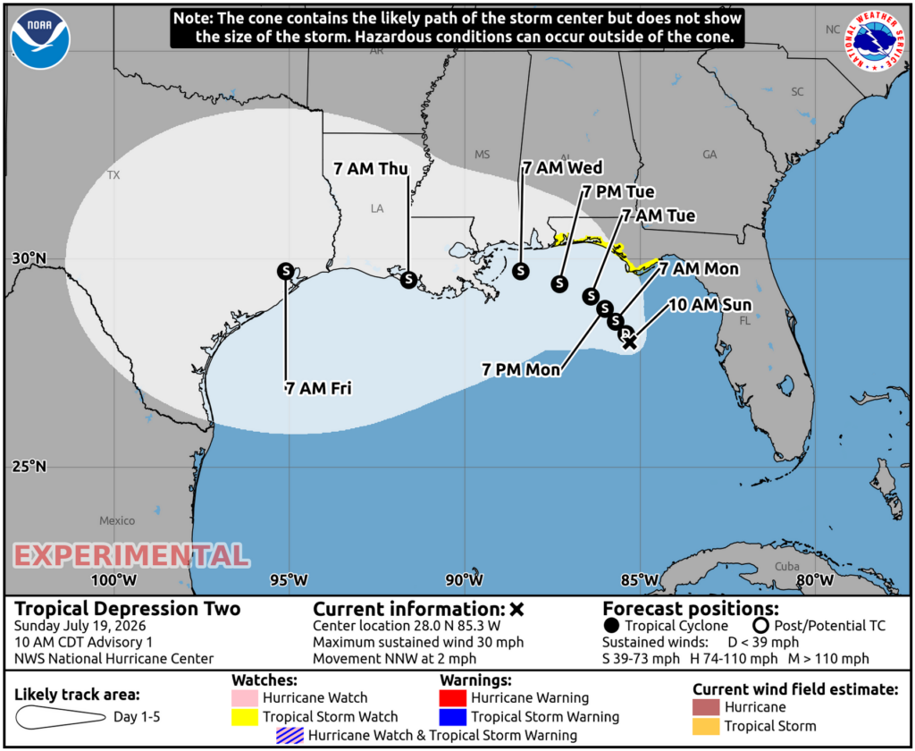 Tropical Storm Watches are up for portions of the Gulf of America coast as Tropical Storm Bertha takes shape. The storm is forecast by the National Hurricane Center to be near Houston, Texas by Friday morning. Image: NHC