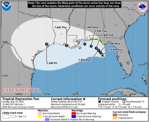 Tropical Storm Watches are up for portions of the Gulf of America coast as Tropical Storm Bertha takes shape. The storm is forecast by the National Hurricane Center to be near Houston, Texas by Friday morning. Image: NHC