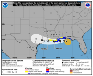 Latest official forecast track for Tropical Storm Bertha. Image: NHC