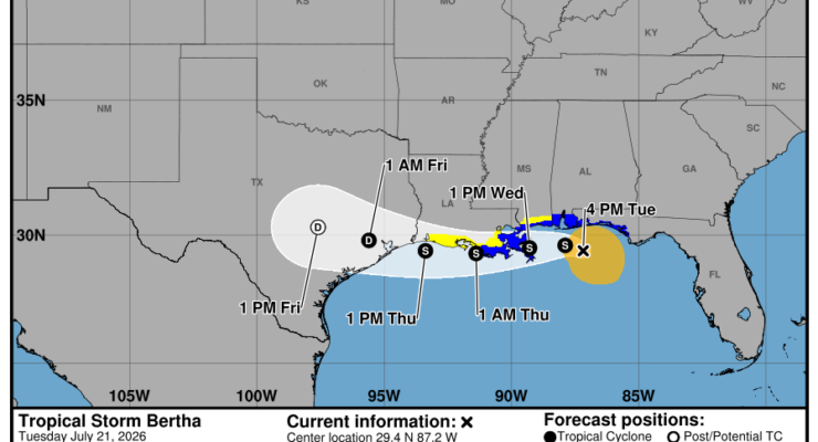 Latest official forecast track for Tropical Storm Bertha. Image: NHC