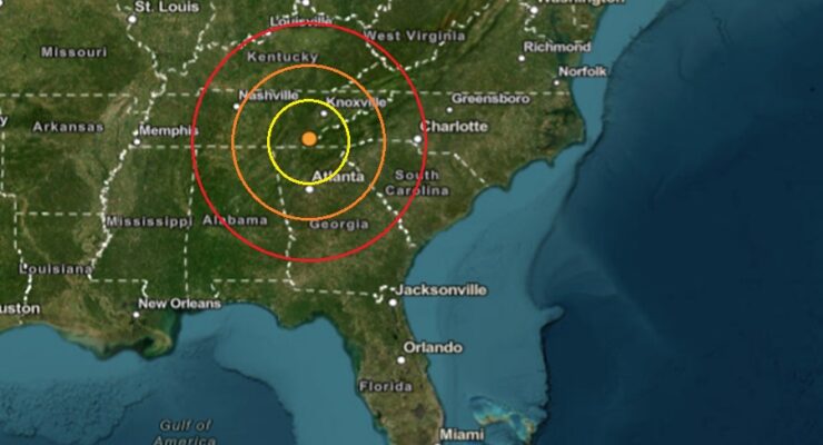 Both earthquakes struck at the orange dot inside the colored concentric circles on this map. Image: USGS