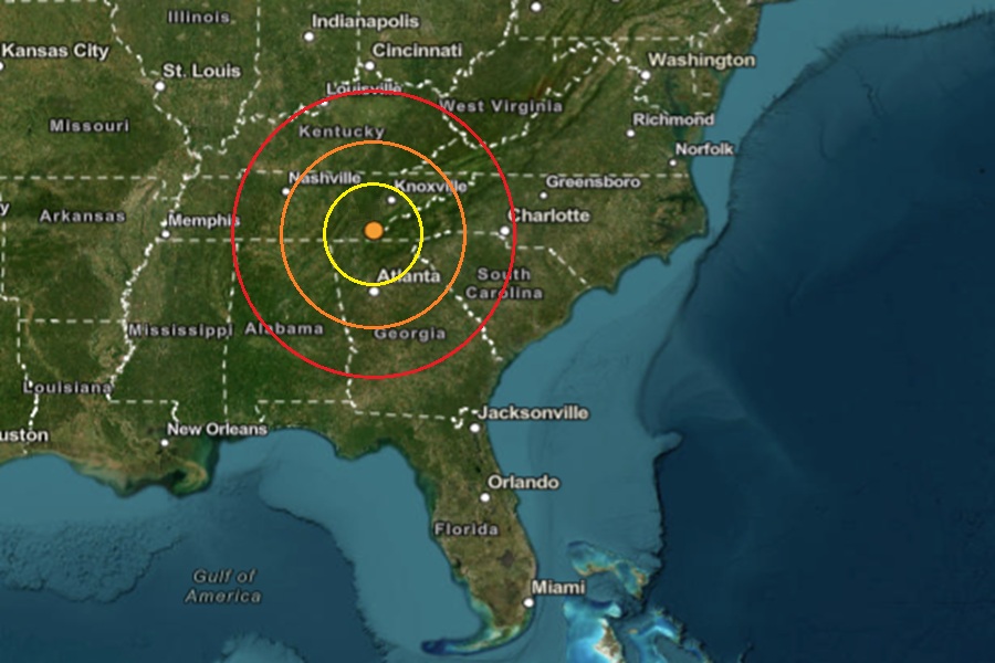Both earthquakes struck at the orange dot inside the colored concentric circles on this map. Image: USGS