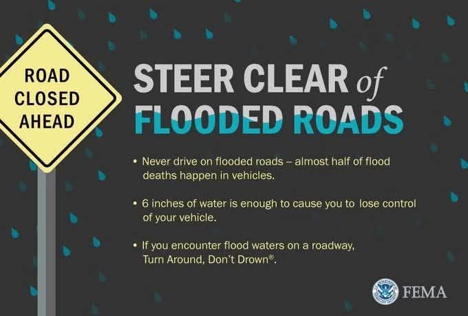 Officials warn people should steer clear of flooded roads. Image: FEMA