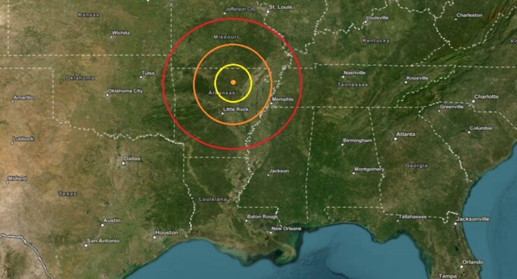 Today's earthquake struck at the orange dot inside the colored concentric circles on this map. Image: USGS