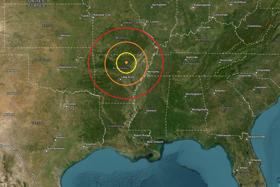 Today's earthquake struck at the orange dot inside the colored concentric circles on this map.  Image: USGS