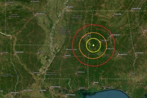 The earthquake epicenter struck at the yellow dot on this map inside the colored, concentric circles. Image: USGS