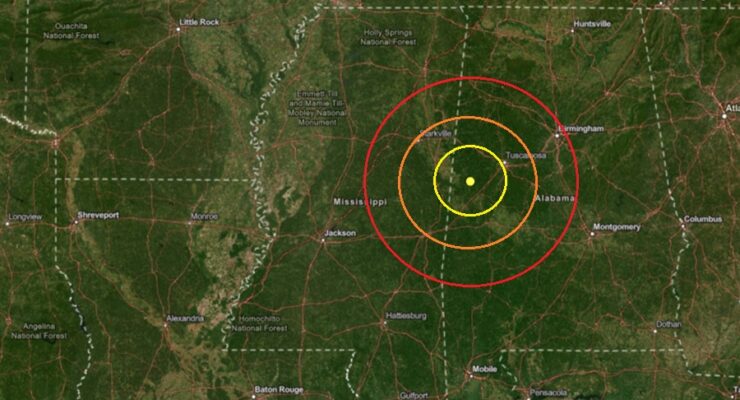 The earthquake epicenter struck at the yellow dot on this map inside the colored, concentric circles. Image: USGS
