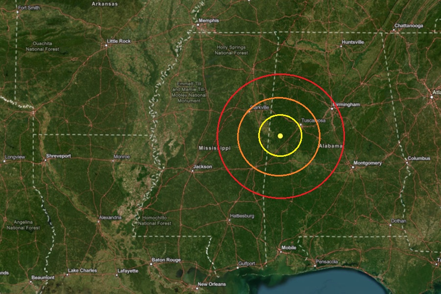 The earthquake epicenter struck at the yellow dot on this map inside the colored, concentric circles. Image: USGS