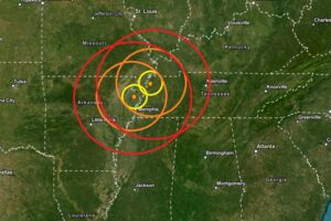 The epicenter of each earthquake is represented by the orange dot inside the colored concentric circles; because the epicenters were close, the concentric circles overlap each other. Image: USGS
