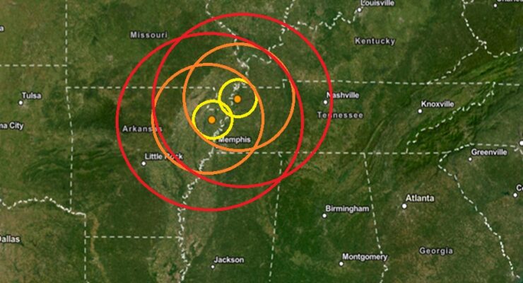 The epicenter of each earthquake is represented by the orange dot inside the colored concentric circles; because the epicenters were close, the concentric circles overlap each other. Image: USGS