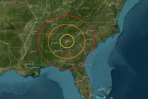 The epicenter of today's earthquake is at the orange dot inside the colored concentric circles on this map. Image: USGS