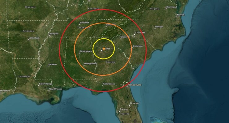 The epicenter of today's earthquake is at the orange dot inside the colored concentric circles on this map. Image: USGS