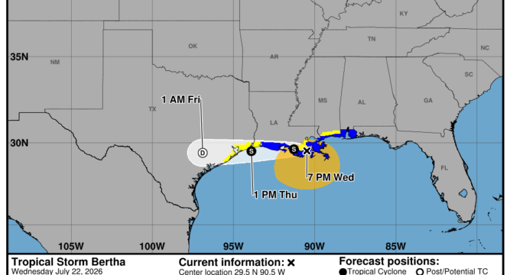 Latest official track for Tropical Storm Bertha. Image: NHC