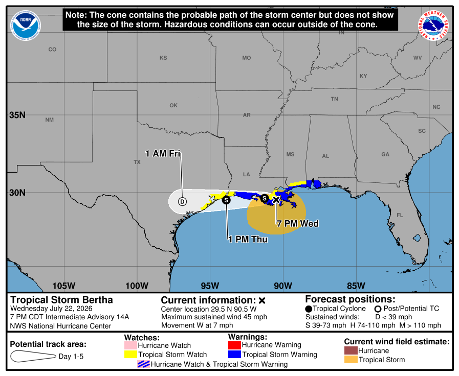 Latest official track for Tropical Storm Bertha.  Image: NHC