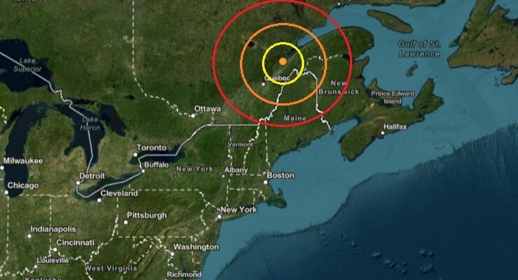 Today's earthquake struck at the orange dot inside the colored concentric circles on the map. Image: USGS