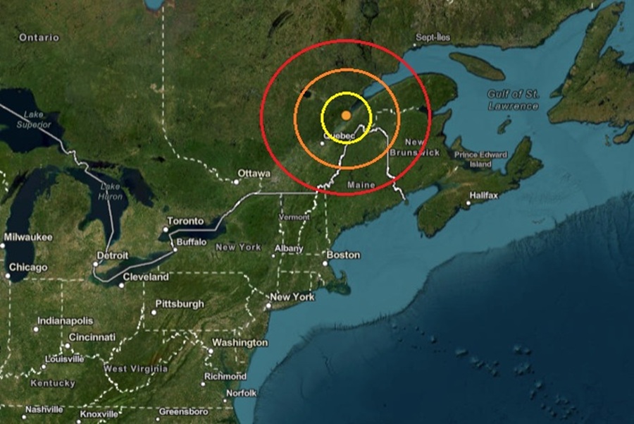 Today's earthquake struck at the orange dot inside the colored concentric circles on the map. Image: USGS