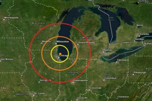 An earthquake struck at the orange dot in Lake Michigan within the colored concentric circles on this map. Image: USGS
