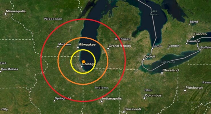 An earthquake struck at the orange dot in Lake Michigan within the colored concentric circles on this map. Image: USGS
