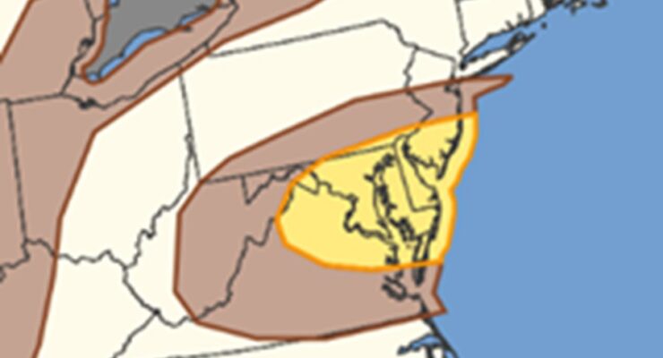 The shaded areas are at risk of seeing damaging winds from severe thunderstorms today, with the yellow zone at greatest risk. Image: NWS SPC