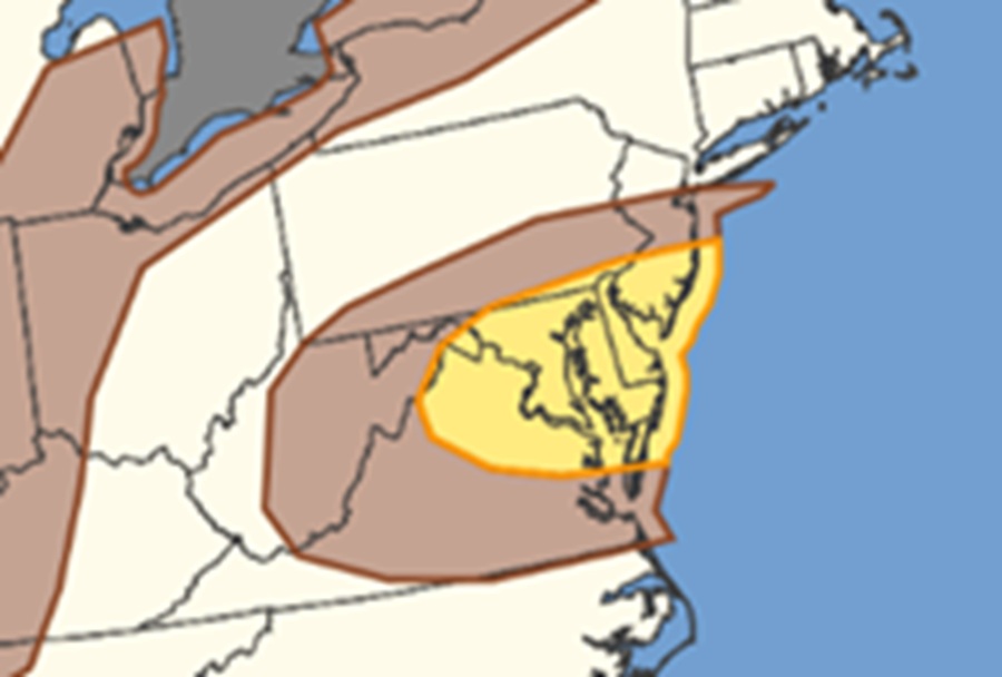 The shaded areas are at risk of seeing damaging winds from severe thunderstorms today, with the yellow zone at greatest risk. Image: NWS SPC
