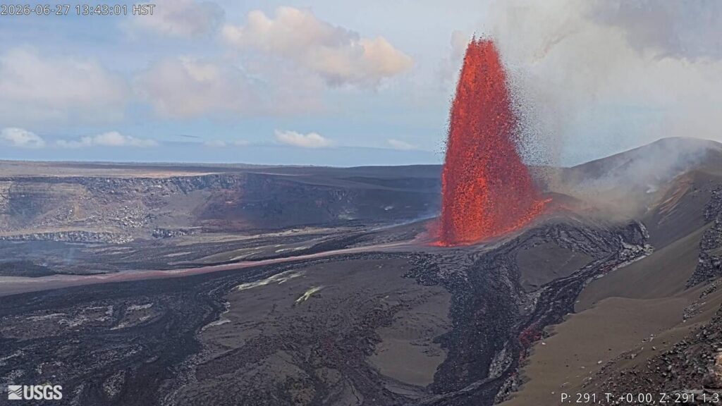Episode 50 of lava fountaining in Halemaʻumaʻu at the summit of Kīlauea took place for about 7 hours on June 27, 2026. This photograph of the episode was taken by the V1cam, located on the northwest rim of the crater in Hawaiʻi Volcanoes National Park. Image: USGS