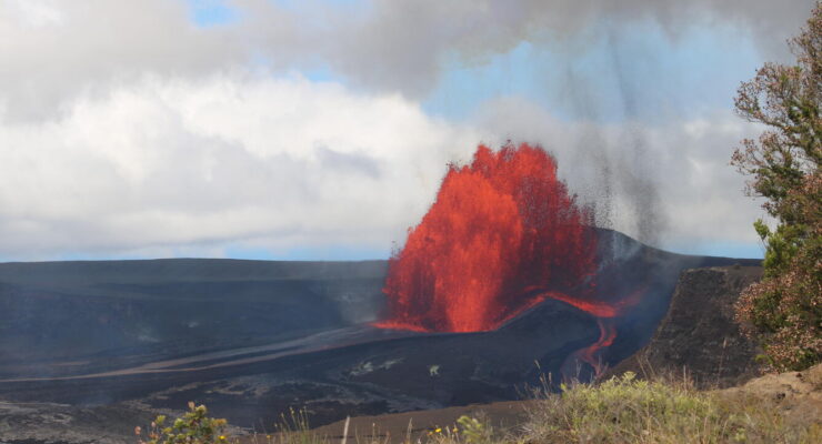 A view of the lava fountain erupting at Kilauea Volcano from the north vent during episode 51 on July 15, 2026. Fountain heights reached up to about 950 feet and effusion rates reached a peak of about 400 cubic yards per second at 10:30 am on July 15. This photo was taken shortly afterward, at around 11 am that day. Image: USGS / K. Mulliken