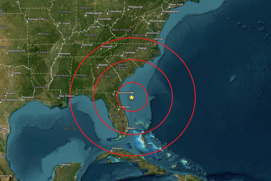 The location of today's explosion is at the star inside the red concentric circles on this map. Image: USGS