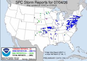 Storm Reports captured by the National Weather Service for July 4, 2026.  Image: NWS