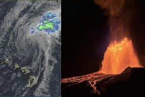 Latest image of Fausto, right, from the GOES-West weather satellite; photograph of lava fountains at Kilauea captured overnight last night by USGS photographer. Image: NOAA / USGS / K. Milliken