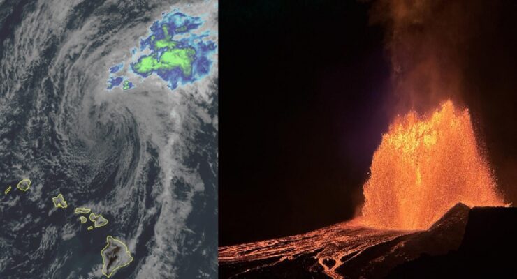 Latest image of Fausto, right, from the GOES-West weather satellite; photograph of lava fountains at Kilauea captured overnight last night by USGS photographer. Image: NOAA / USGS / K. Milliken