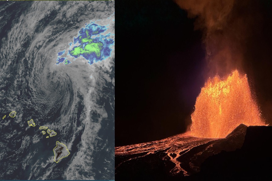 Latest image of Fausto, right, from the GOES-West weather satellite; photograph of lava fountains at Kilauea captured overnight last night by USGS photographer. Image: NOAA / USGS / K. Milliken