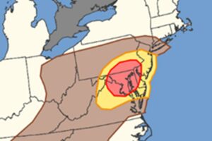 Damaging winds are possible in the shaded regions, with the yellow area at a higher risk than brown and the red zone even higher than the yellow. Image: NWS SPC