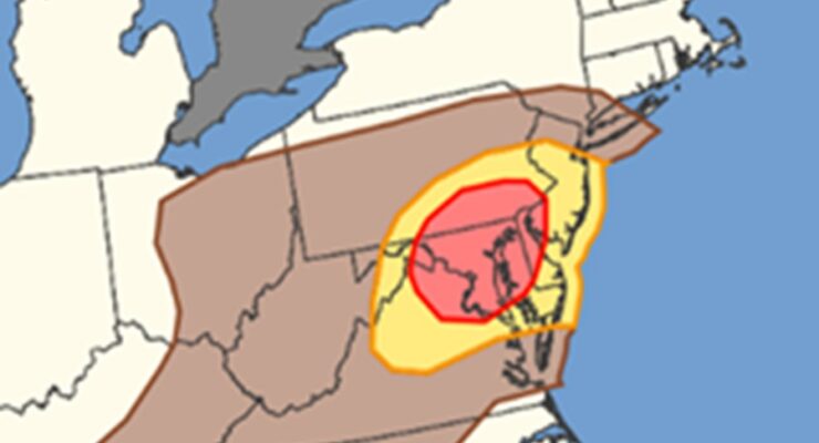 Damaging winds are possible in the shaded regions, with the yellow area at a higher risk than brown and the red zone even higher than the yellow. Image: NWS SPC